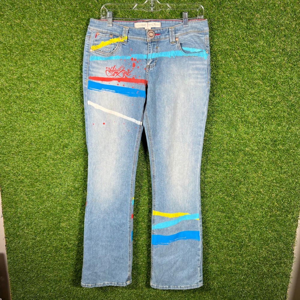 Ecko Red Custom‎ Painted Bootcut Jeans Womens 11 Light Wash Y2K Streetwear